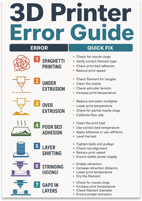 3D Printer Error Guide poster with seven illustrated printing problems and a quick-fix reference column