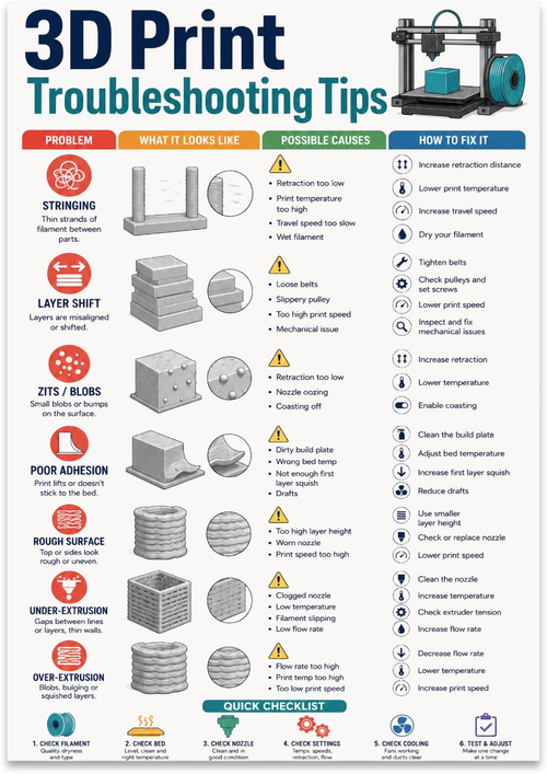 3D Print Troubleshooting Tips poster with print-defect examples and cause-and-adjustment columns