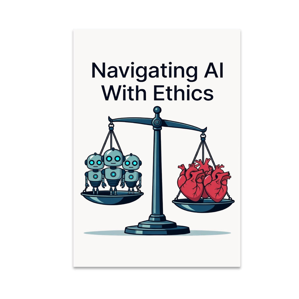 Navigating AI With Ethics poster showing robots and hearts balanced on a scale