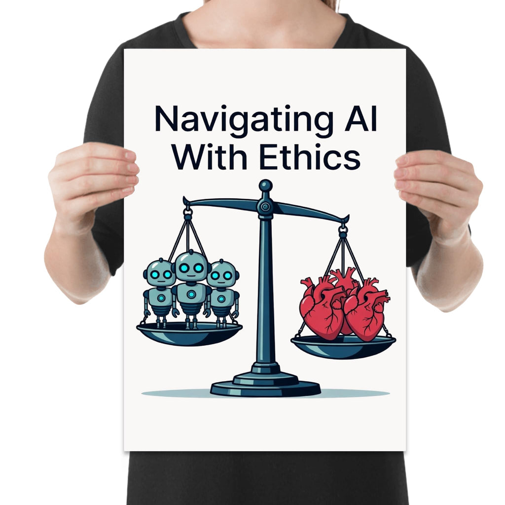 Navigating AI With Ethics poster showing robots and hearts balanced on a scale held by a person for scale