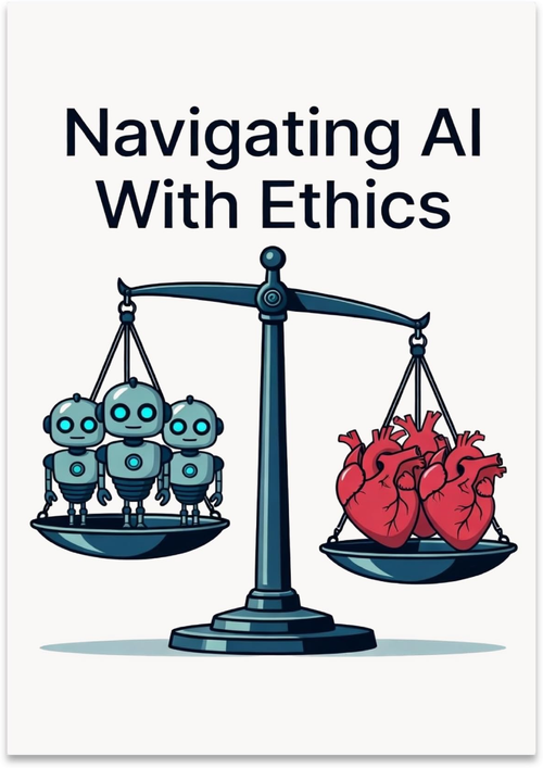 Navigating AI With Ethics poster showing robots and hearts balanced on a scale