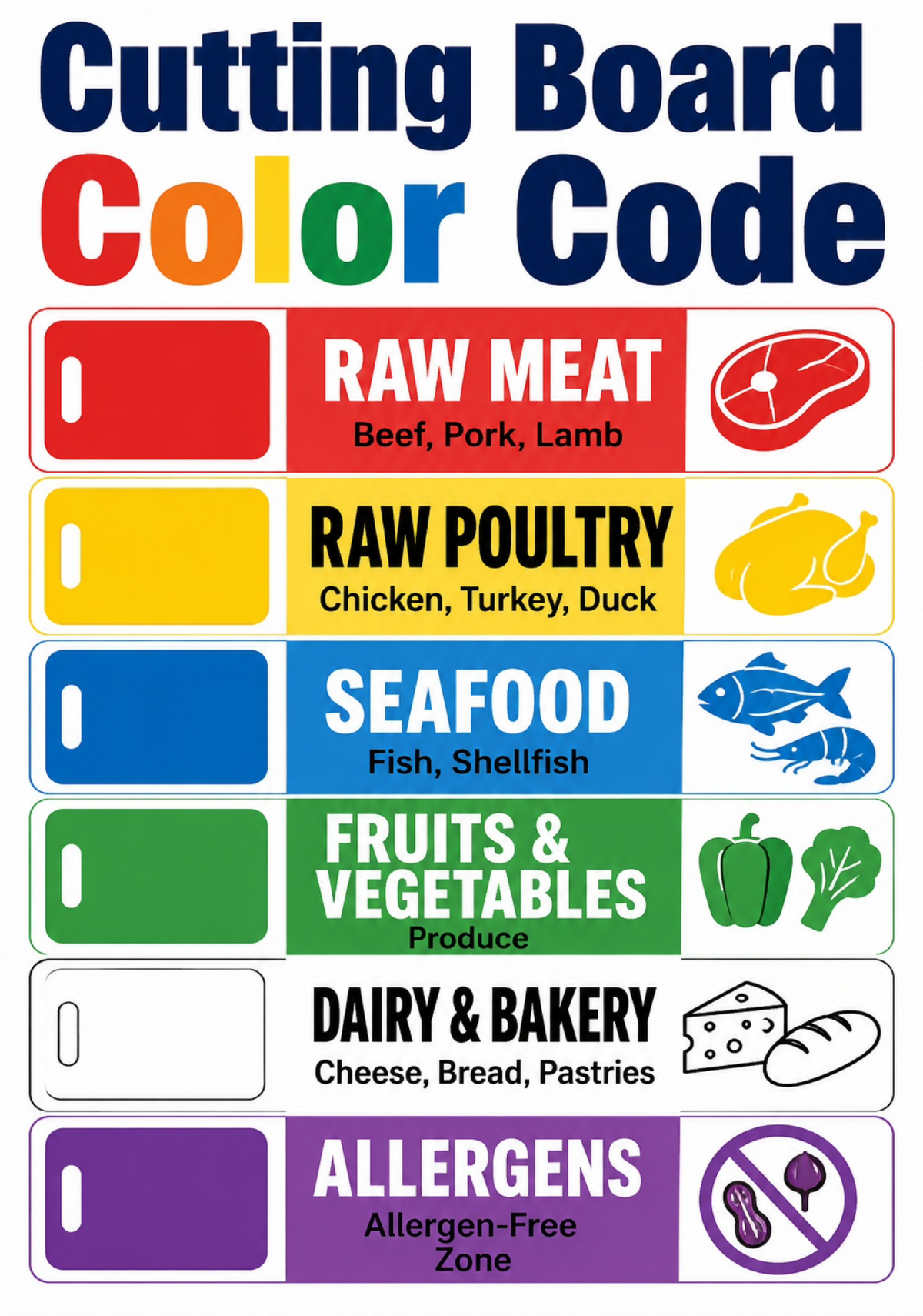 Full view of the 13 by 19 inch cutting board color code poster with six food preparation categories