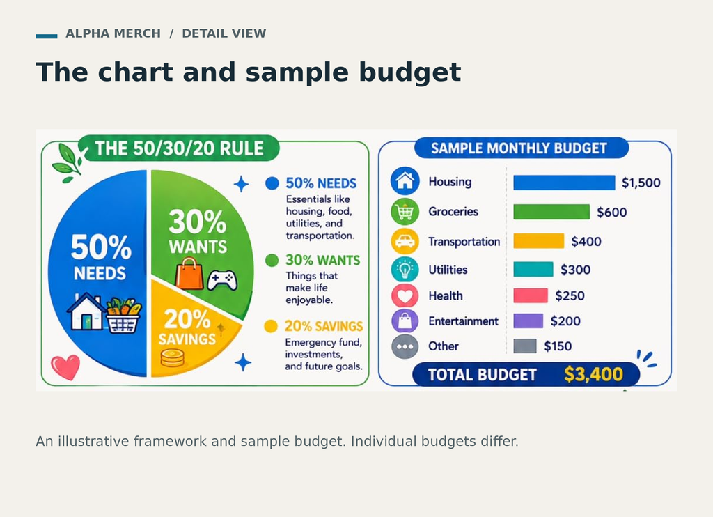 Detail crop of the Budgeting Basics poster with the 50/30/20 needs, wants and savings chart and its sample monthly budget.
