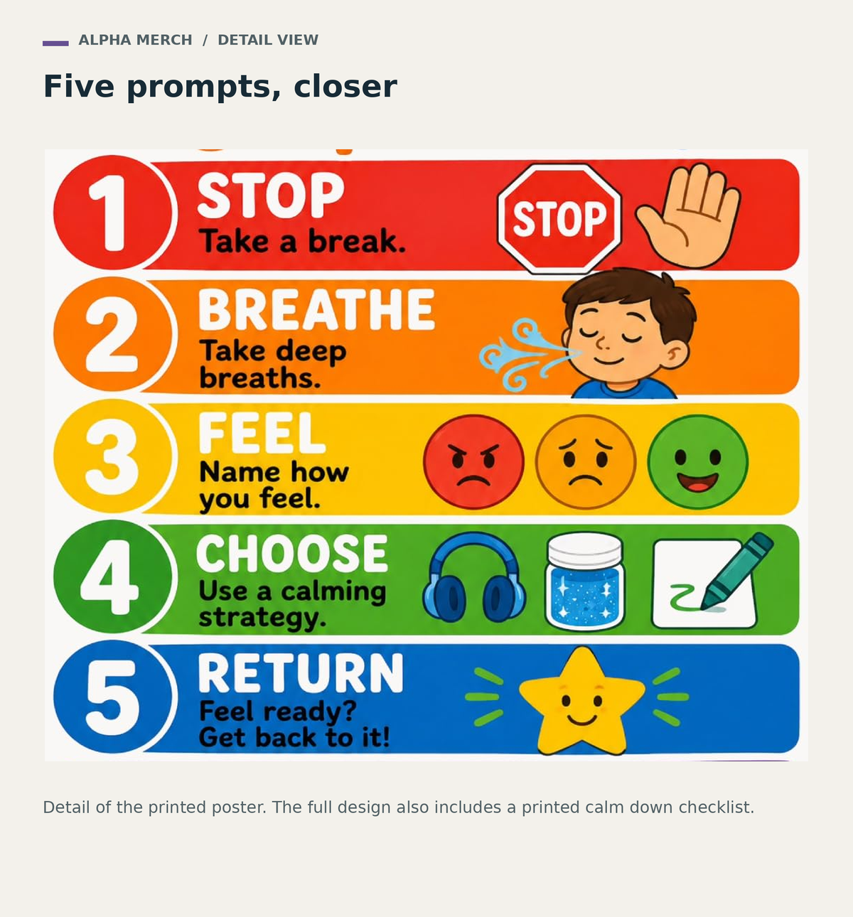 Detail crop of the Calm Down Corner Steps poster showing stop, breathe, feel, choose and return.