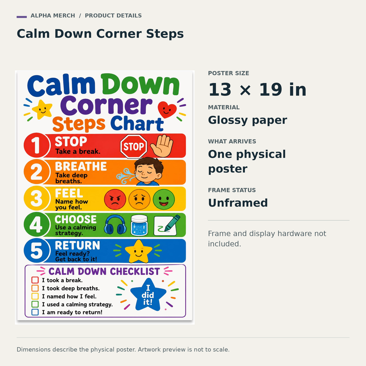 Calm Down Corner Steps product details: one physical 13 by 19 inch glossy paper poster, unframed. Frame and display hardware not included.