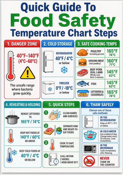 Food Safety poster with cooking temperatures, three-minute rest for whole cuts, storage, handling and thawing guidance