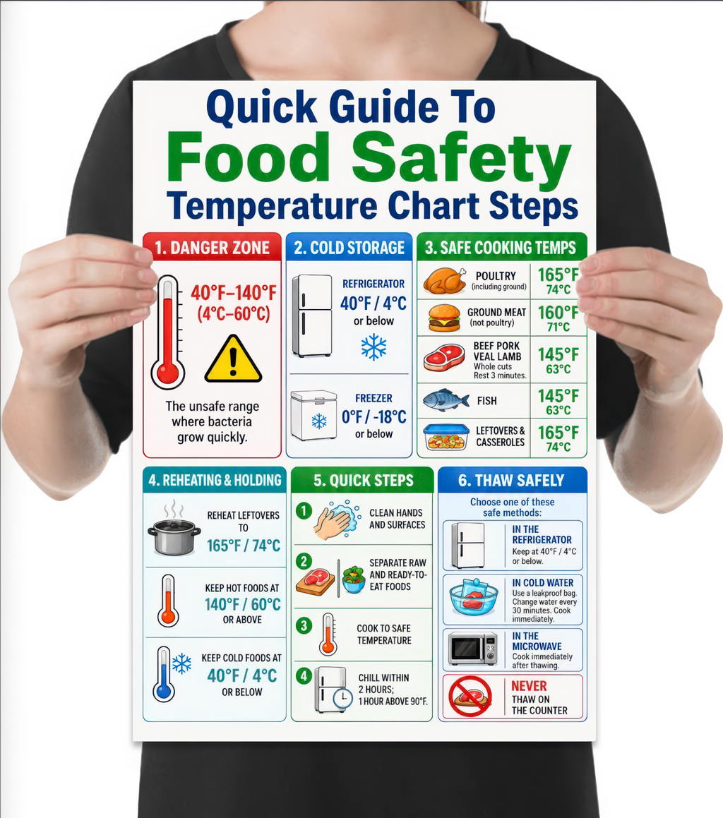 Person holding the corrected Alpha Merch Food Safety poster to show its physical format