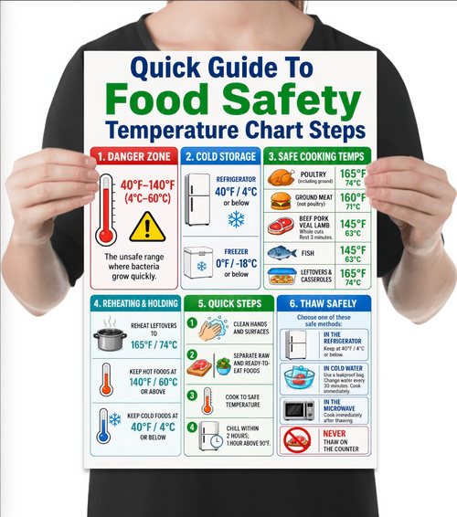 Person holding the corrected Alpha Merch Food Safety poster to show its physical format