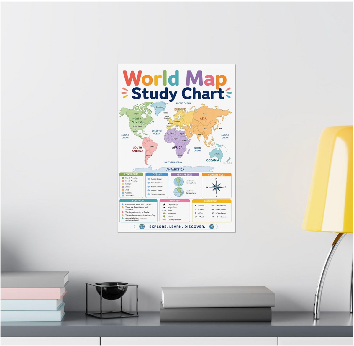 World Map Study Chart shown in a room display mockup