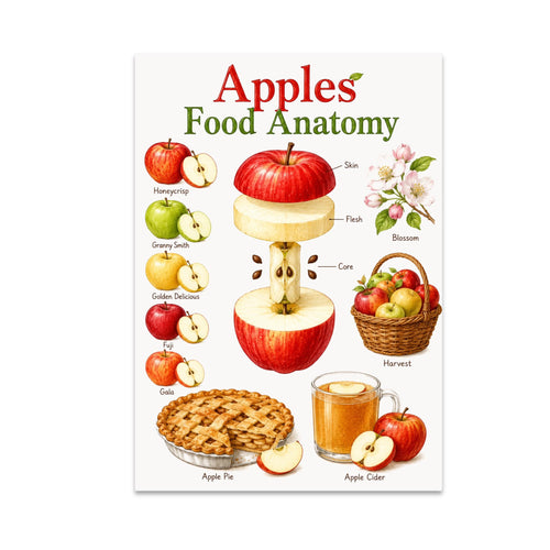 Apples Food Anatomy poster with an apple cross-section, varieties, blossoms, pie, and cider