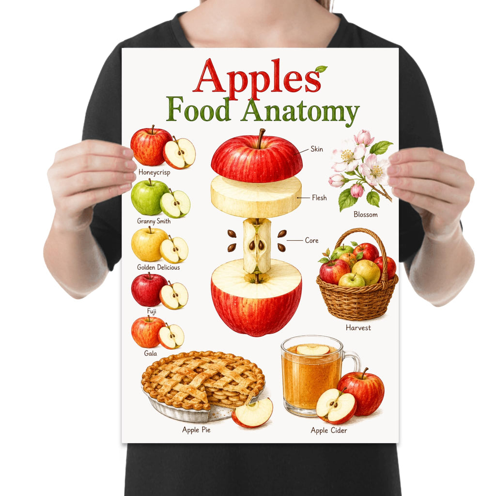 Apples Food Anatomy poster with an apple cross-section, varieties, blossoms, pie, and cider held by a person for scale