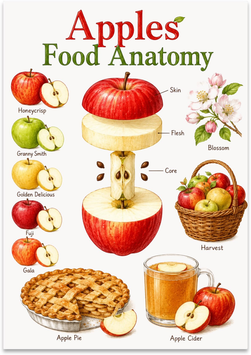 Apples Food Anatomy poster with an apple cross-section, varieties, blossoms, pie, and cider