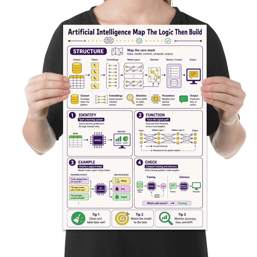 Person holding the artificial intelligence concept map poster to show its layout