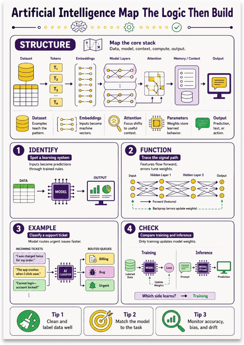 Artificial Intelligence Map poster with technical diagrams and colored panels describing AI concepts