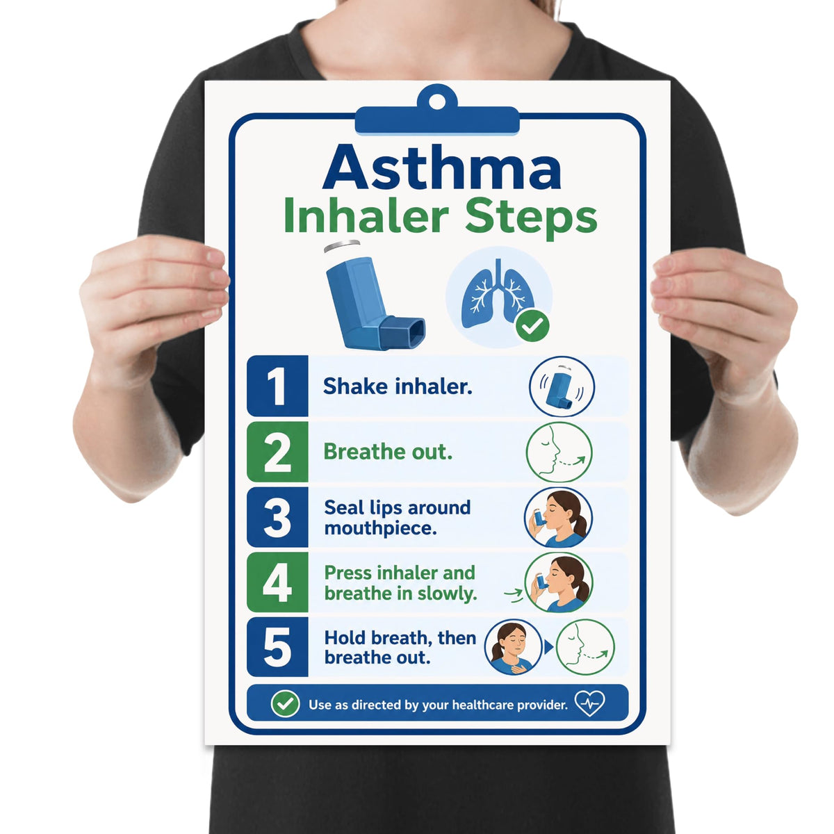 Asthma Inhaler Steps poster with five numbered blue-and-green panels and metered-dose inhaler illustrations, shown held for scale