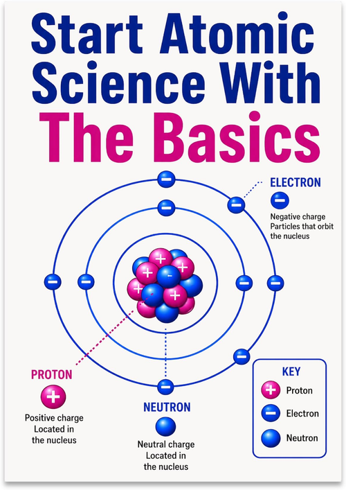 Start Atomic Science With The Basics poster with a simplified atom and proton, neutron, and electron key