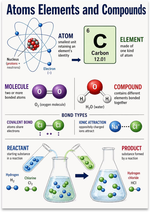 Atoms Elements and Compounds poster with an atom illustration, carbon tile, molecule diagrams and bonding examples