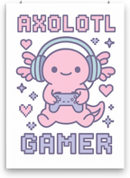 Axolotl Gamer poster displayed with hanging clips, with pastel headphones, controller, hearts, and stars