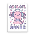 Axolotl Gamer poster displayed with hanging clips, with pastel headphones, controller, hearts, and stars