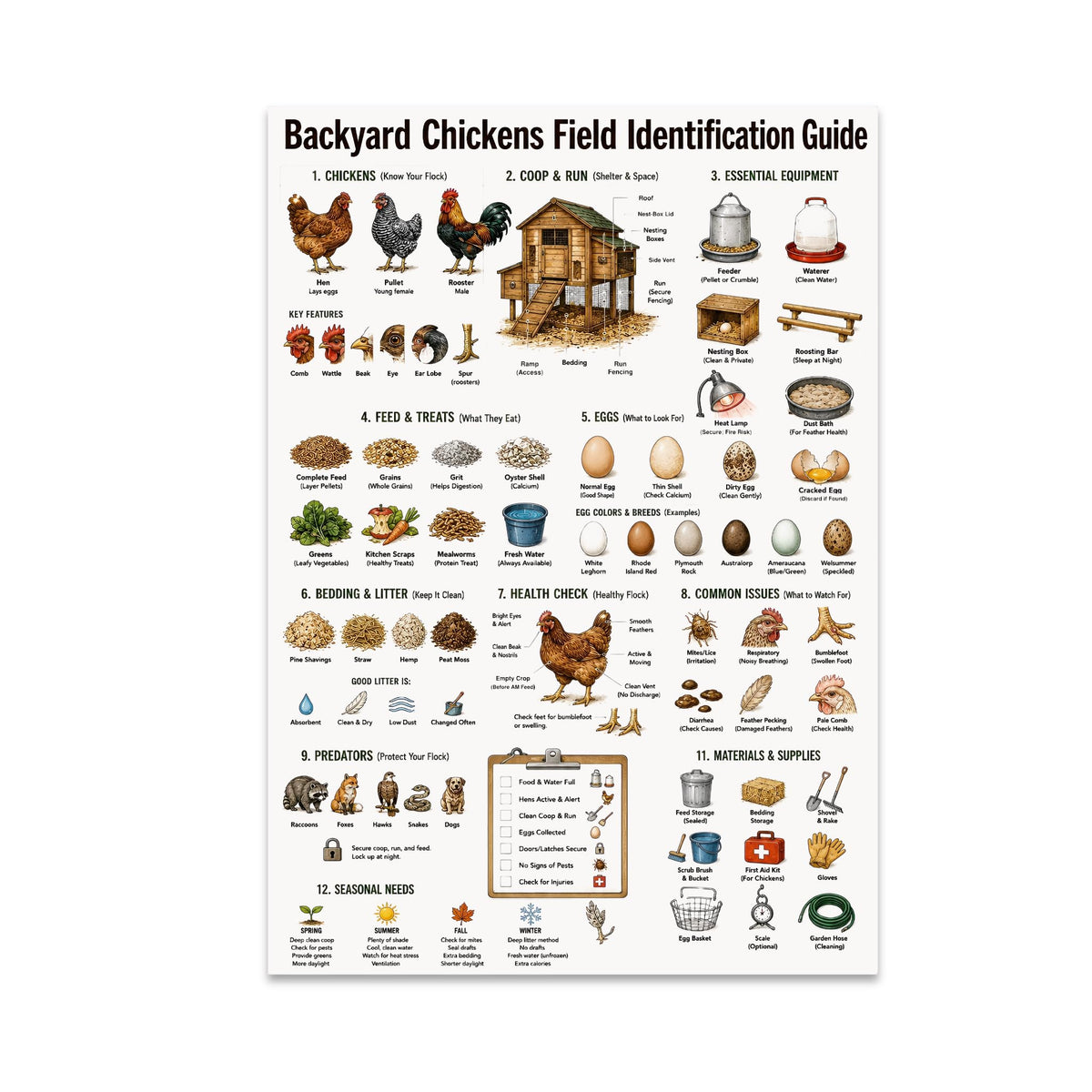 Backyard Chickens Field Identification Guide poster with illustrated hens, coops, feed, eggs, and supplies