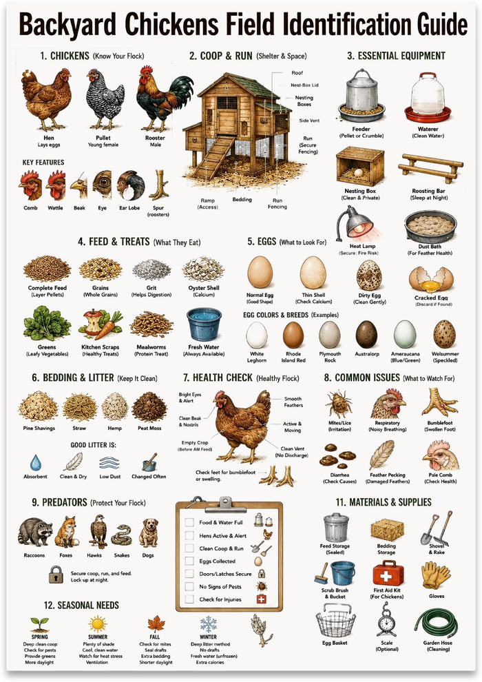 Backyard Chickens Field Identification Guide poster with illustrated hens, coops, feed, eggs, and supplies