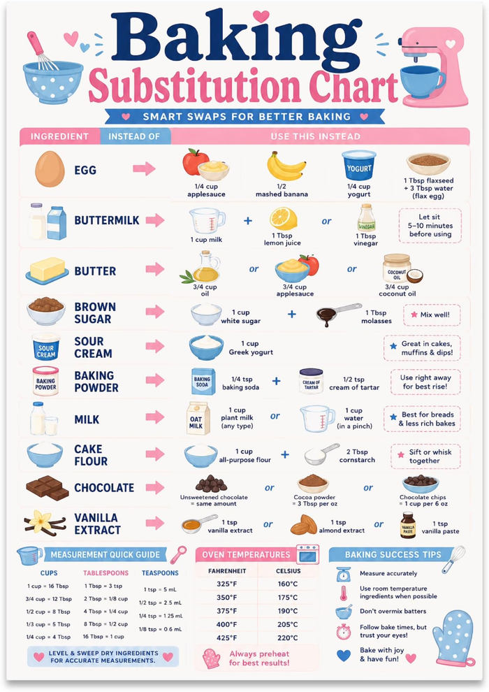 Baking Substitution Chart poster with ingredient illustrations, alternative measurements, conversion tables and pastel kitchen accents