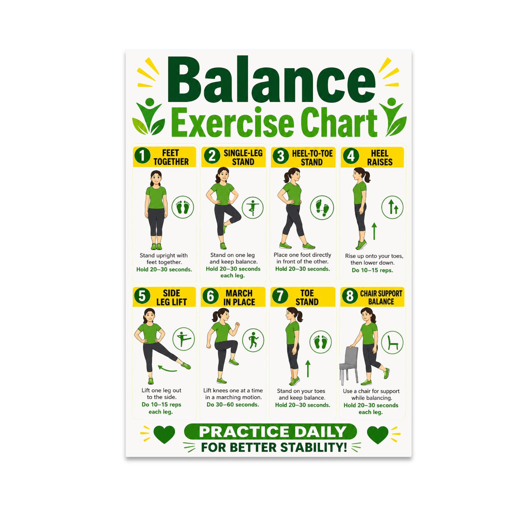 Balance Exercise Chart poster with eight illustrated standing movements in green-and-yellow panels