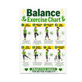 Balance Exercise Chart poster with eight illustrated standing movements in green-and-yellow panels