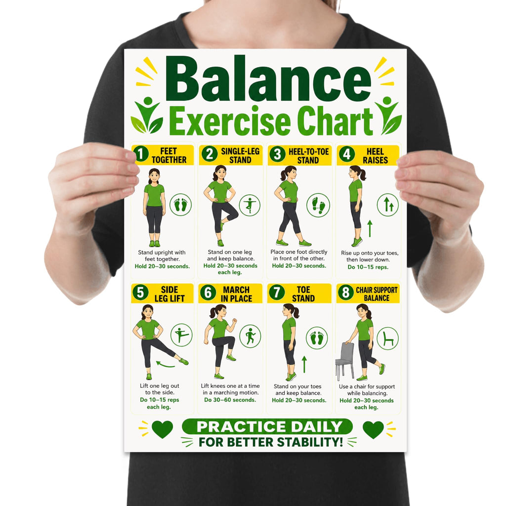 Balance Exercise Chart poster with eight illustrated standing movements in green-and-yellow panels, shown held for scale