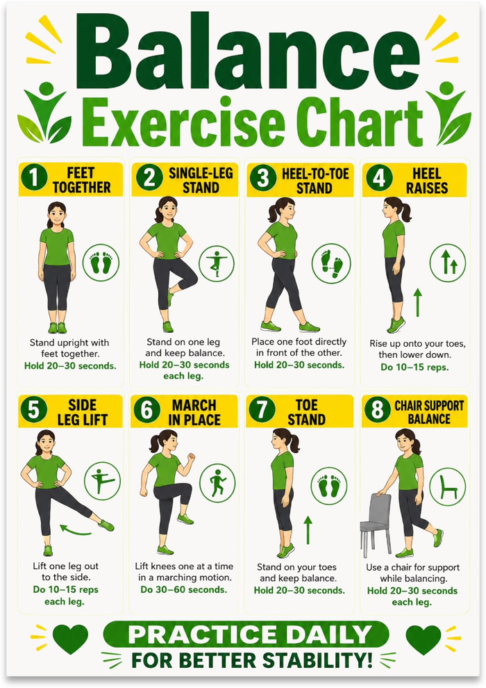Balance Exercise Chart poster with eight illustrated standing movements in green-and-yellow panels