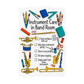 Instrument Care in Band Room poster with a five-item checklist and colorful instruments and classroom supplies