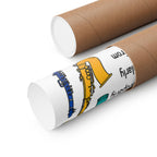 Band-room instrument-care poster rolled beside a protective shipping tube