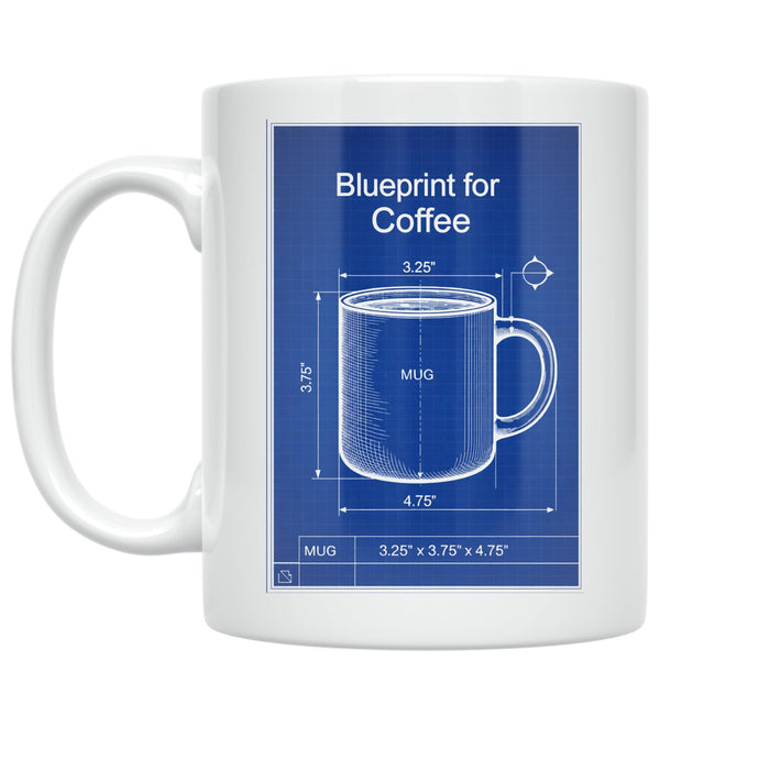 White Blueprint for Coffee mug with a blue technical-style cup drawing, dimension lines and a title block