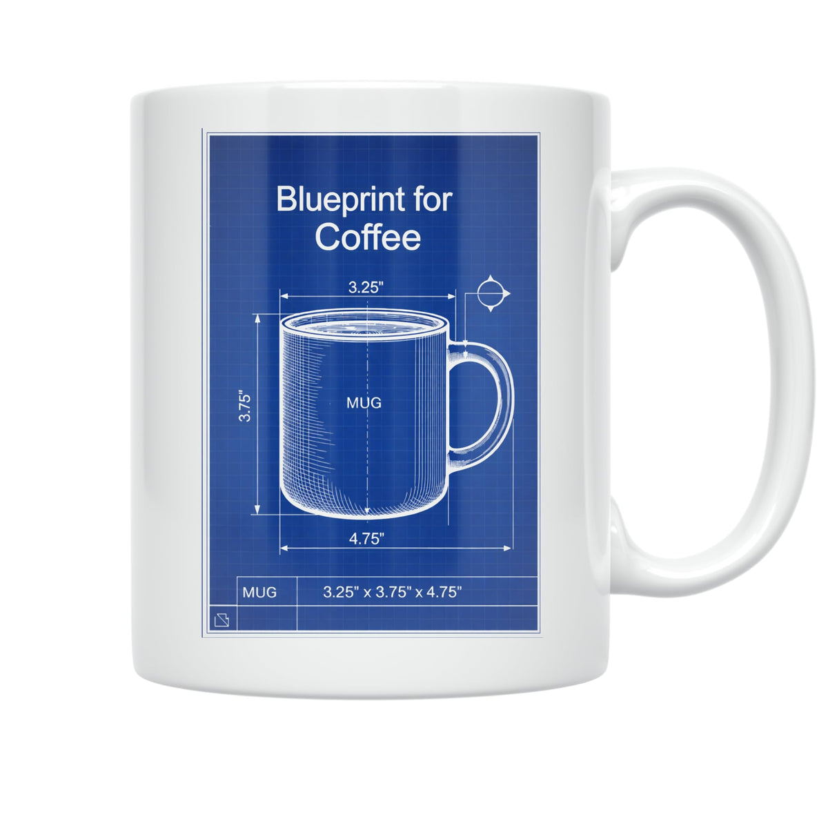 White Blueprint for Coffee mug with a blue technical-style cup drawing, dimension lines and a title block shown from the opposite handle side