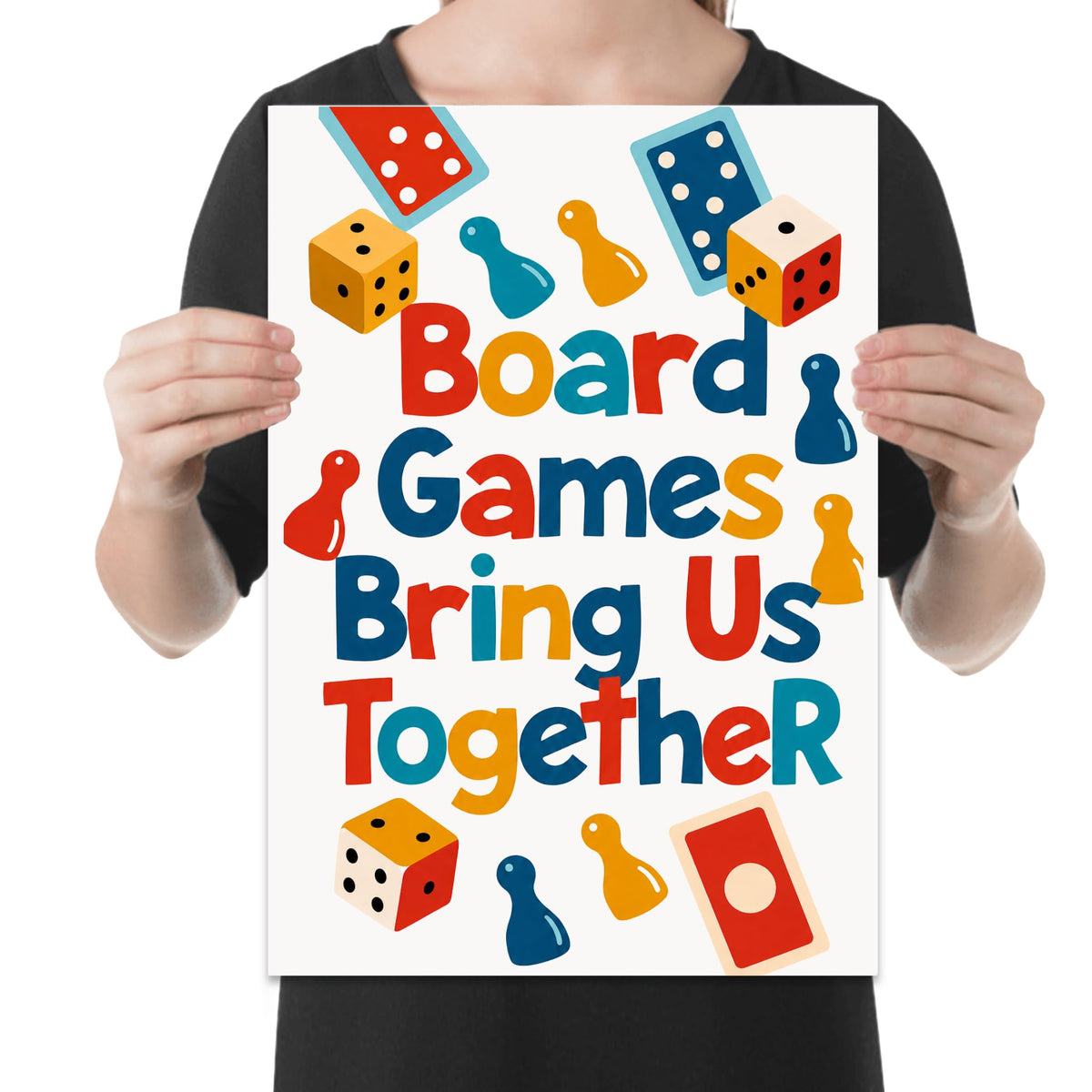 Person holding the board games bring us together poster to show its layout