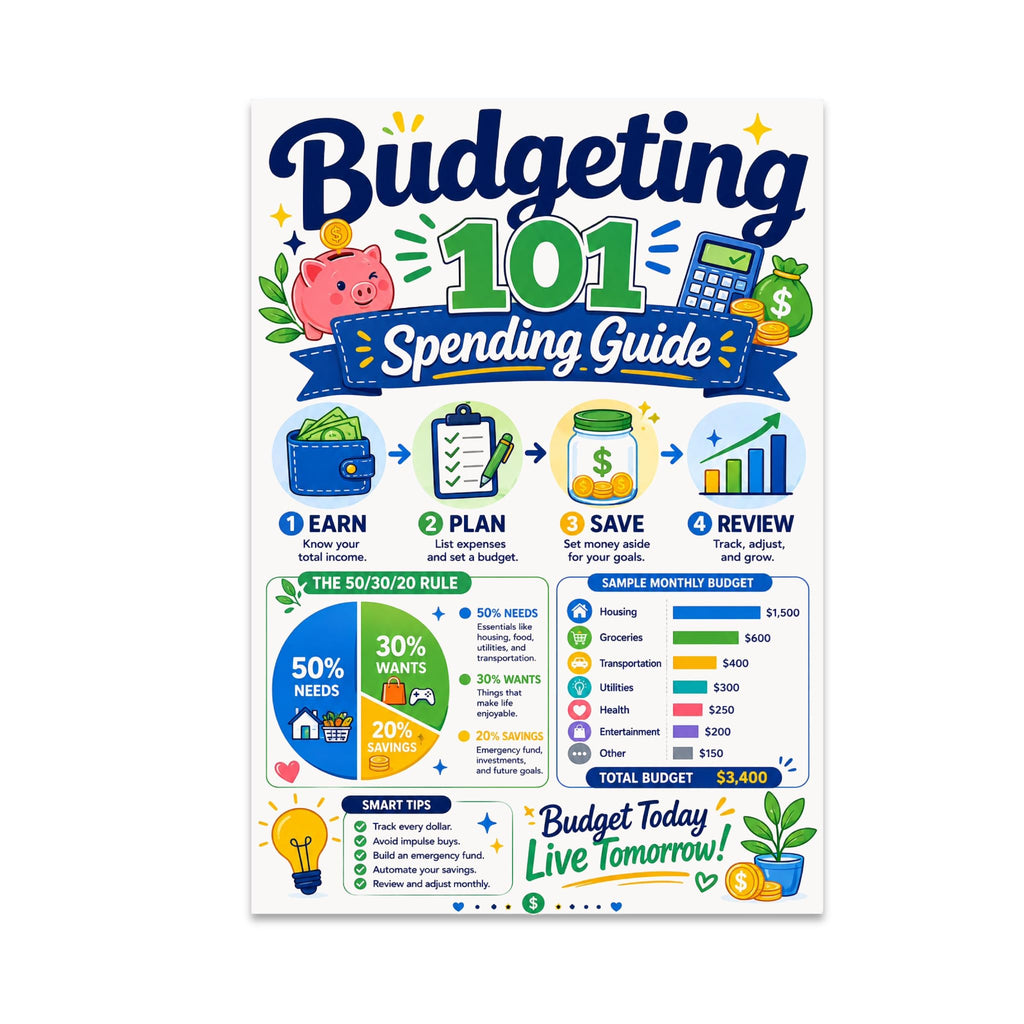 Budgeting 101 poster with a 50/30/20 pie chart, earn-plan-save-review prompts and a sample monthly budget