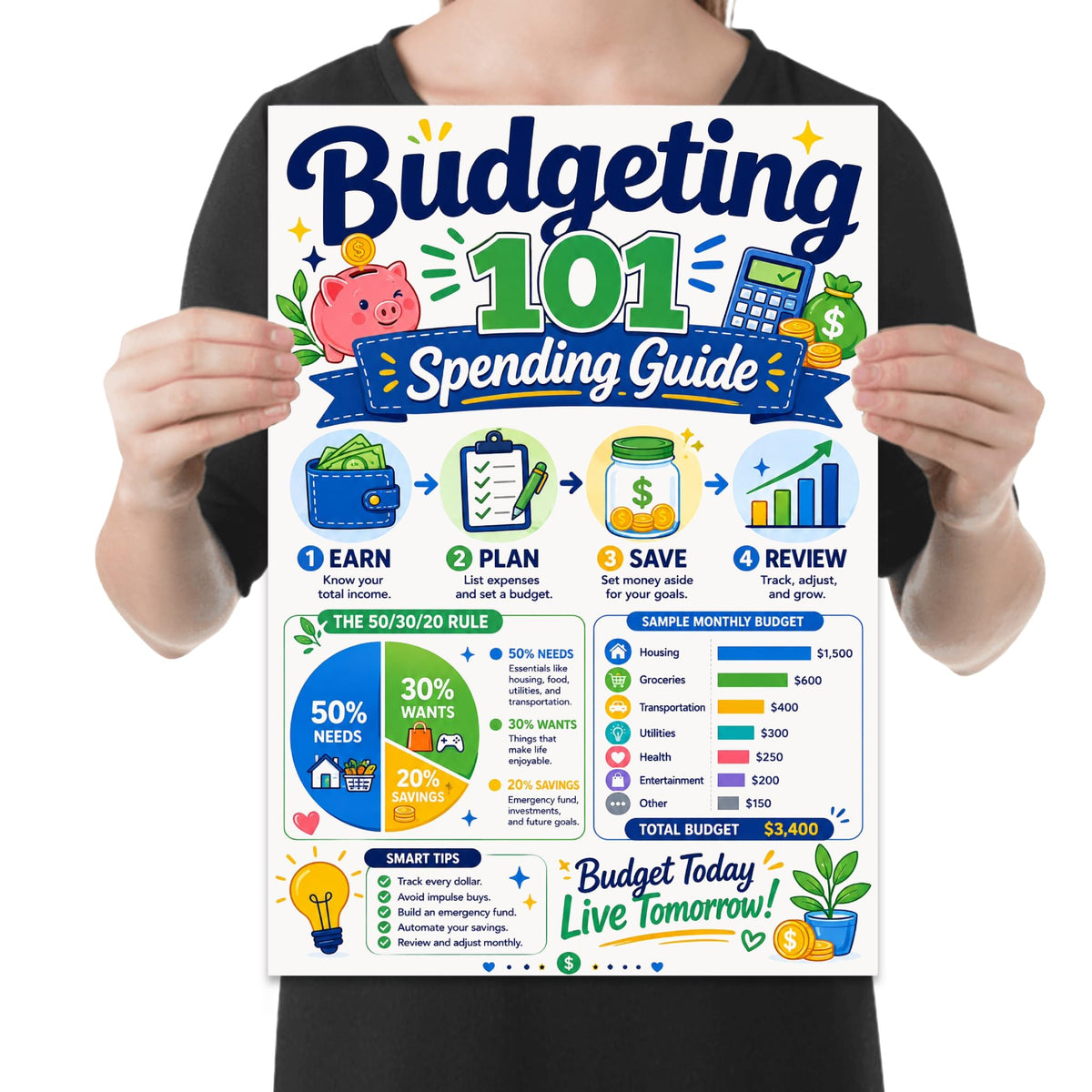 Budgeting 101 poster with a 50/30/20 pie chart, earn-plan-save-review prompts and a sample monthly budget shown in a held-poster mockup
