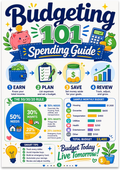 Budgeting 101 poster with a 50/30/20 pie chart, earn-plan-save-review prompts and a sample monthly budget