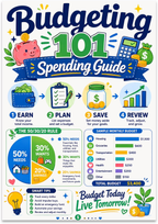Budgeting 101 poster with a 50/30/20 pie chart, earn-plan-save-review prompts and a sample monthly budget