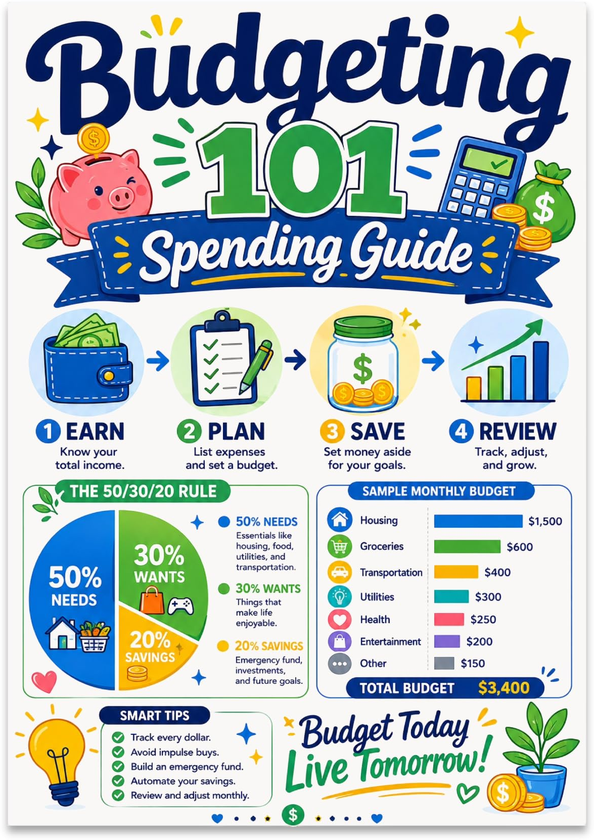 Budgeting 101 poster with a 50/30/20 pie chart, earn-plan-save-review prompts and a sample monthly budget