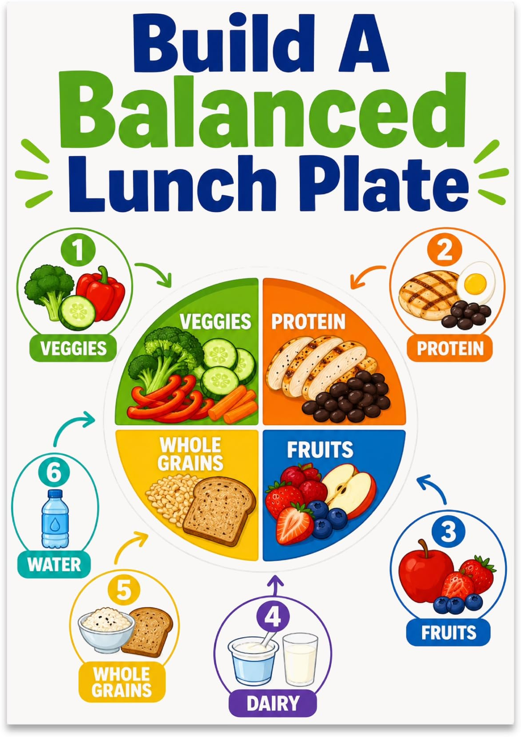 Build A Balanced Lunch Plate poster with a colorful divided plate and six numbered food-and-drink circles