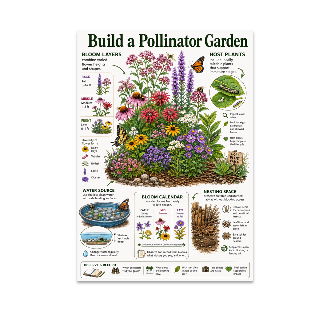 Build a Pollinator Garden poster with a colorful flower bed, bees, butterflies and labeled habitat sections