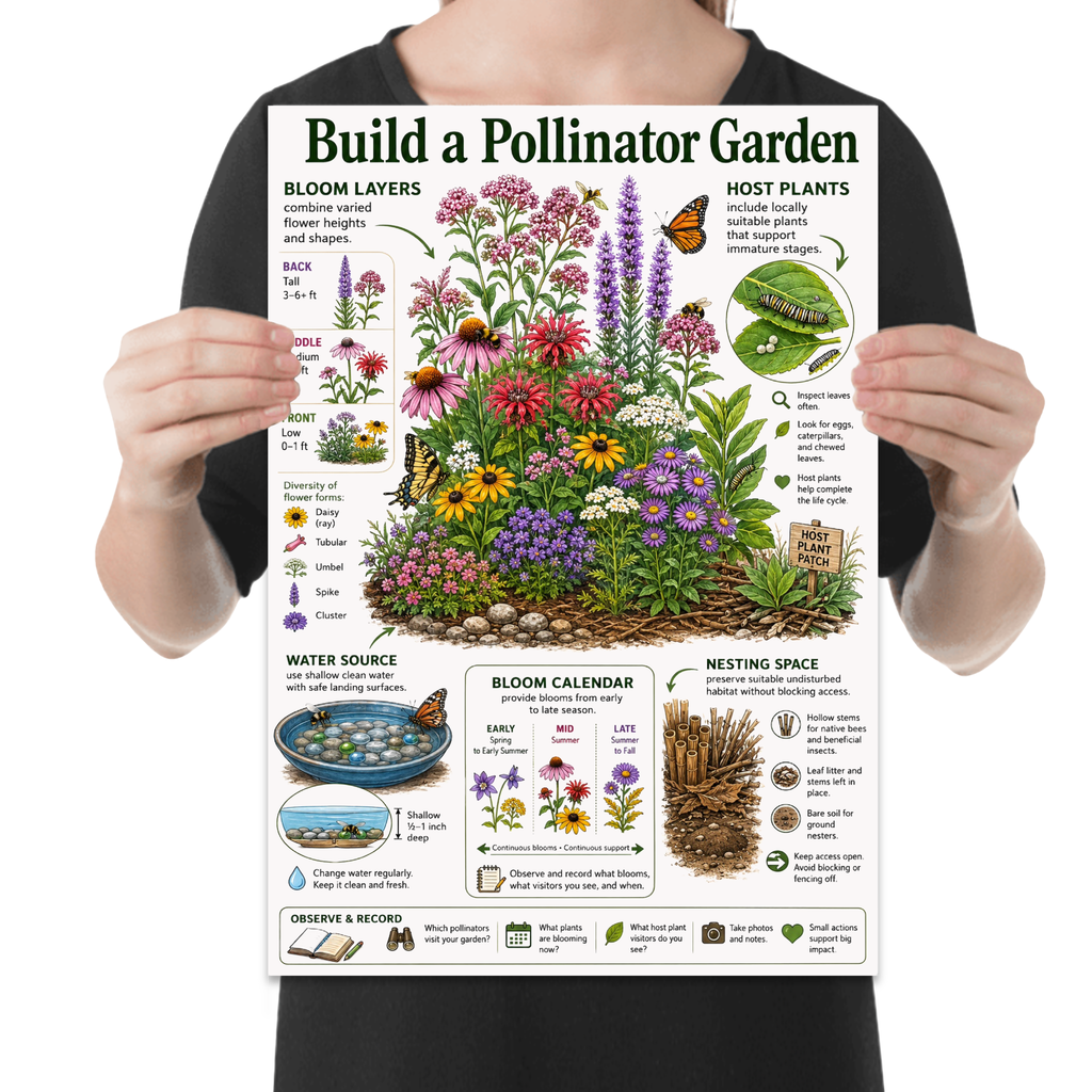 Build a Pollinator Garden poster with a colorful flower bed, bees, butterflies and labeled habitat sections shown in a held-poster mockup