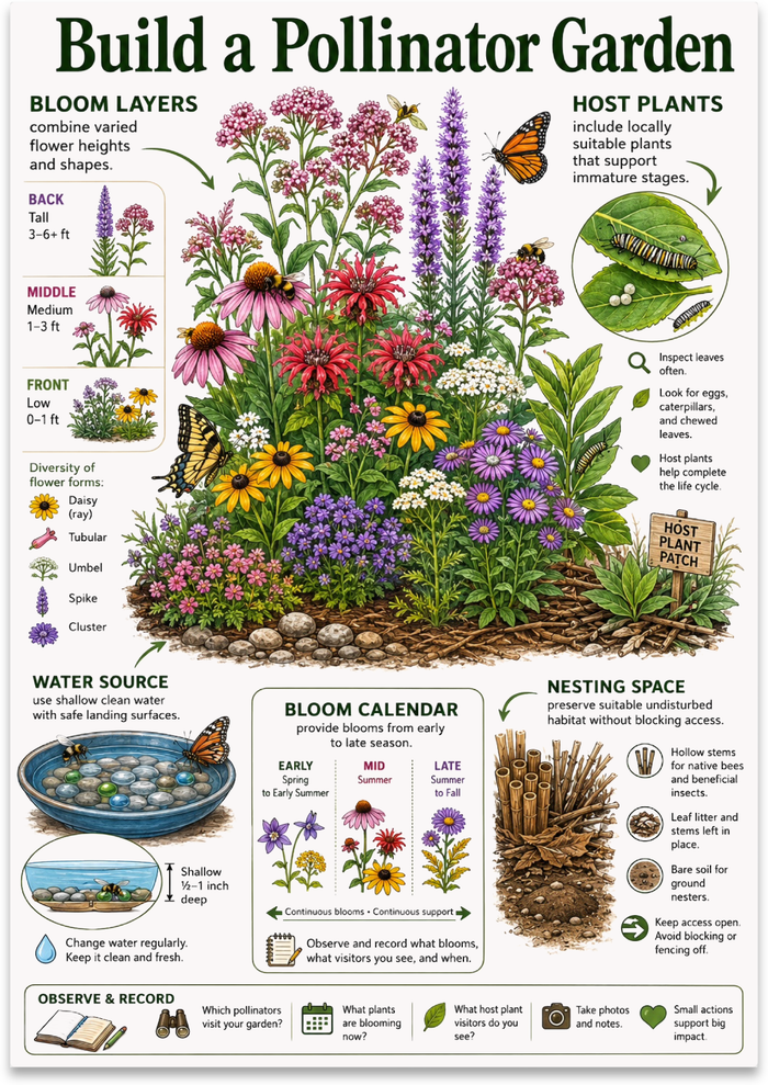 Build a Pollinator Garden poster with a colorful flower bed, bees, butterflies and labeled habitat sections