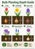 Bulb Planting Depth Guide poster with six flower and underground bulb illustrations