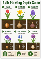 Bulb Planting Depth Guide poster with six flower and underground bulb illustrations