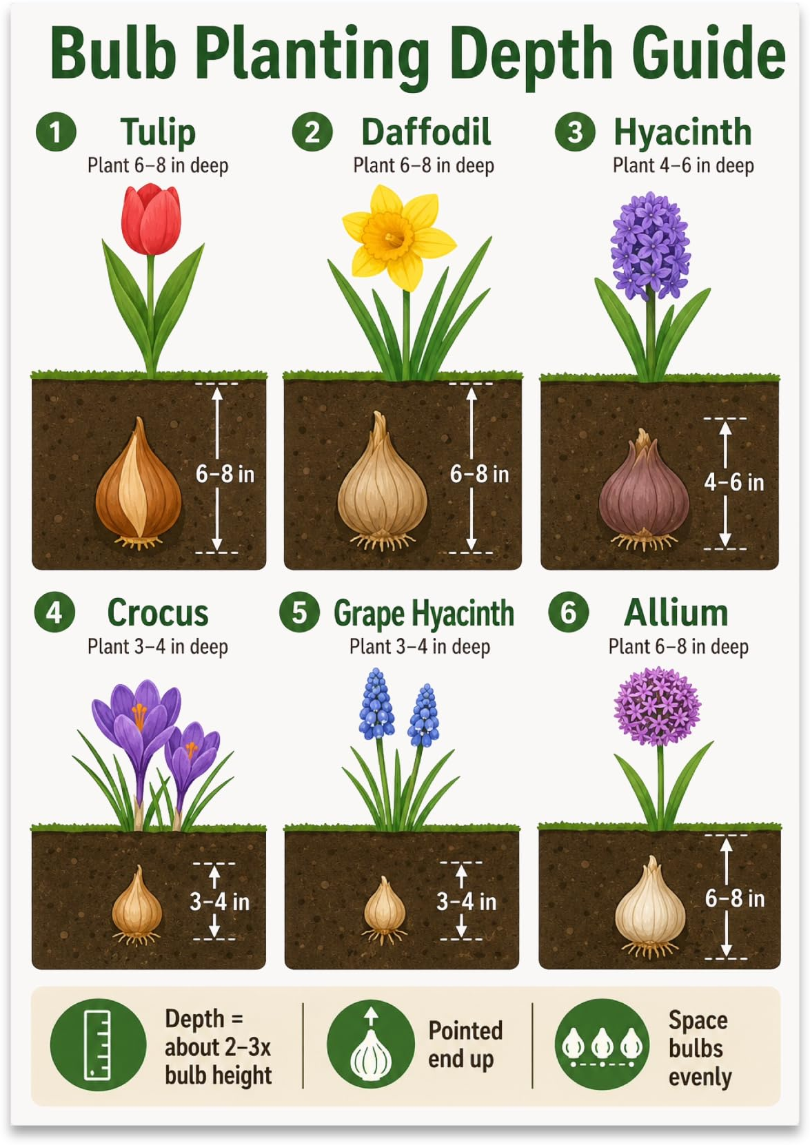 Bulb Planting Depth Guide poster with six flower and underground bulb illustrations