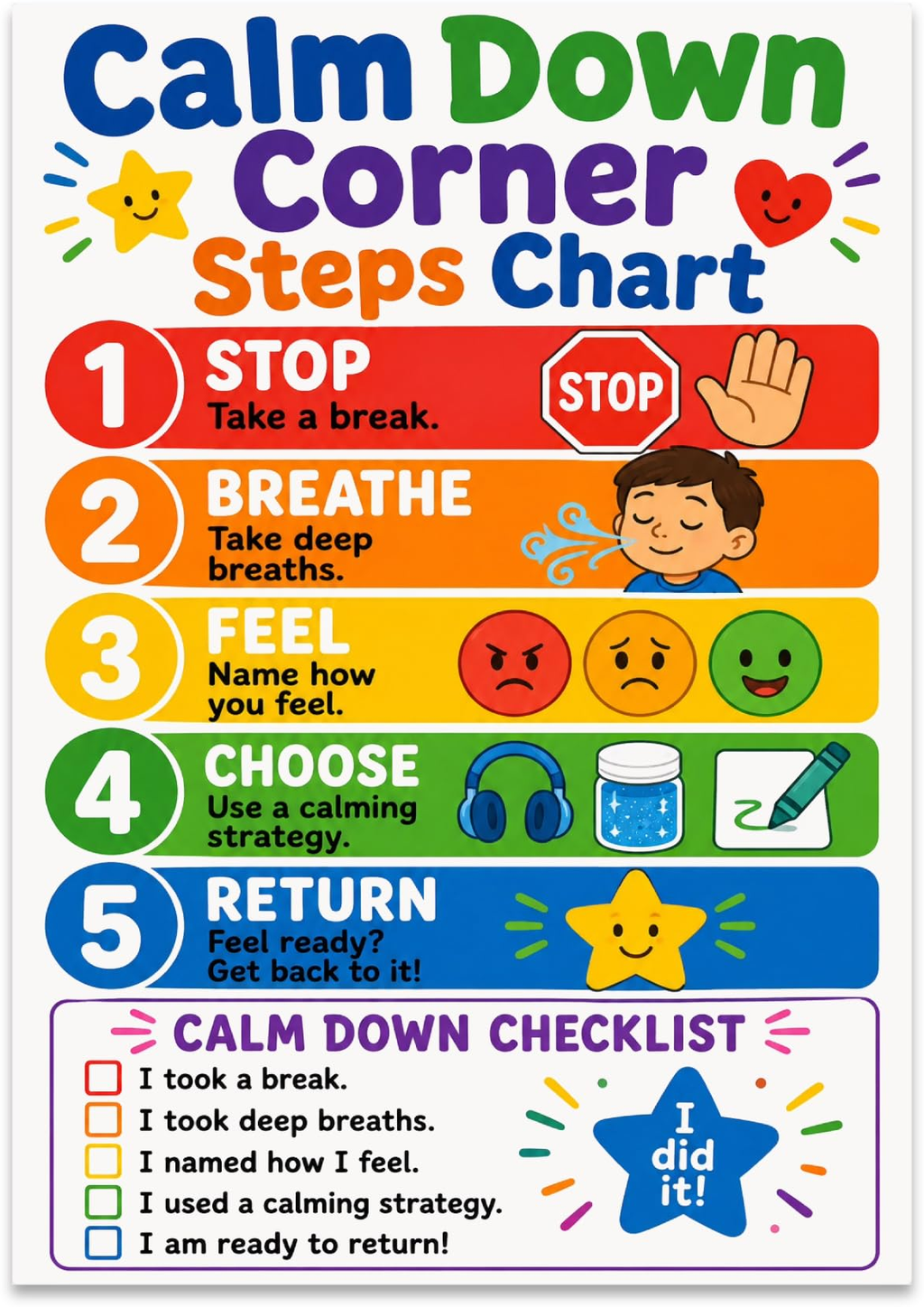 Calm Down Corner Steps poster with five rainbow-colored steps and a printed checklist