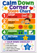 Calm Down Corner Steps poster with five rainbow-colored steps and a printed checklist