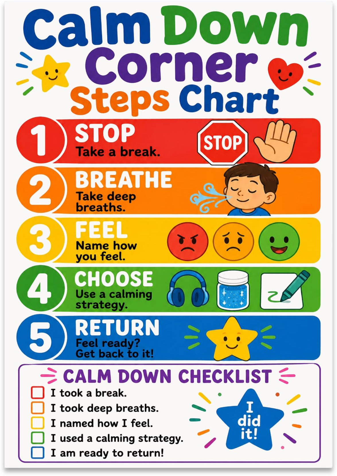 Calm Down Corner Steps poster with five rainbow-colored steps and a printed checklist